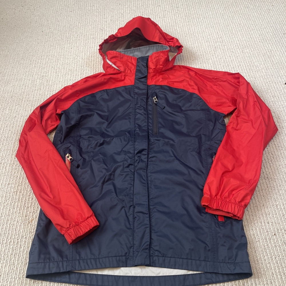 REI Boys Large Full Zip Hooded  Rain Jacket Navy Red